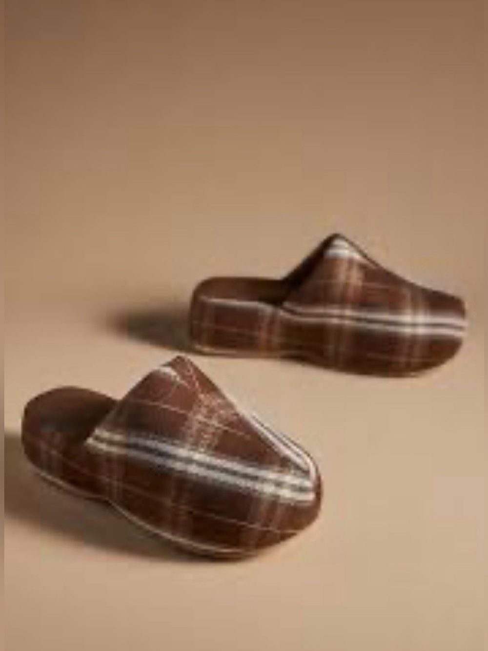 Anthropologie x Coconuts by Matisse Bella Plaid Platform Mule Clogs in brown.